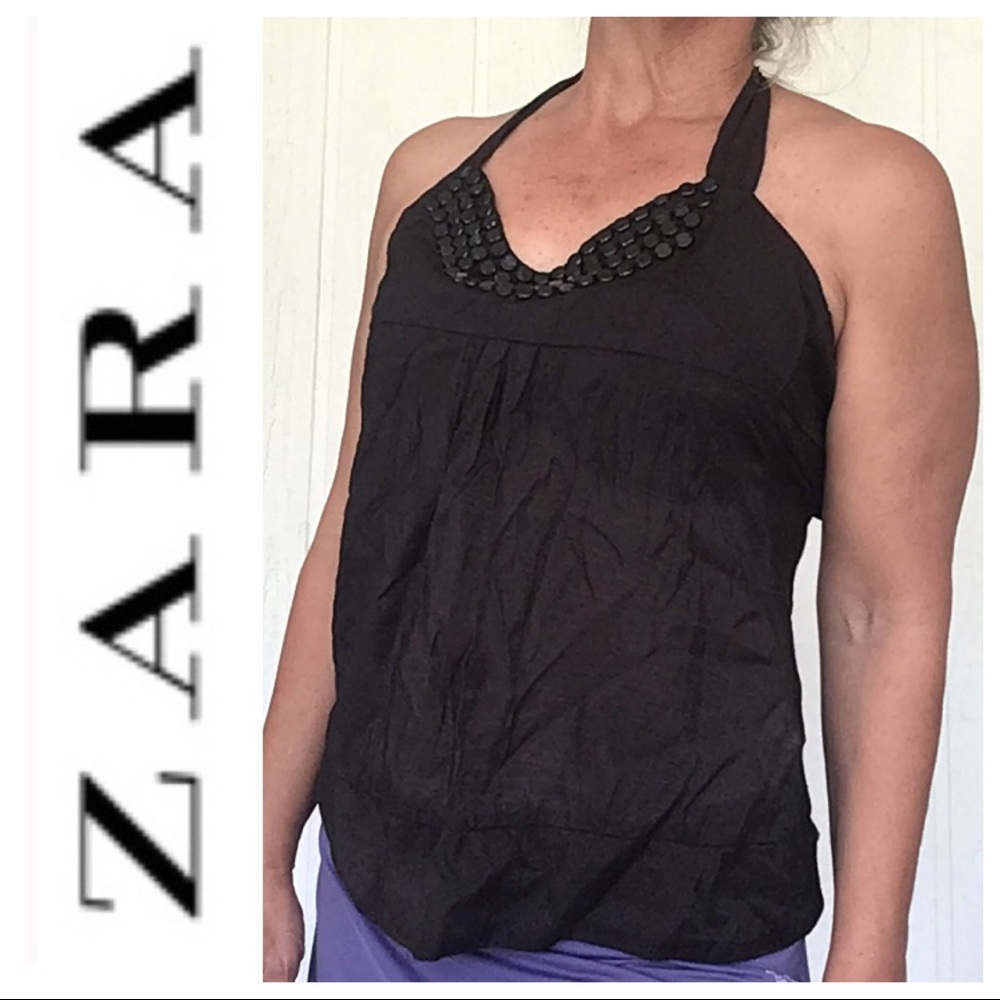 ZARA BLACK EMBELLISHED HALTER TOP SIZE MEDIUM